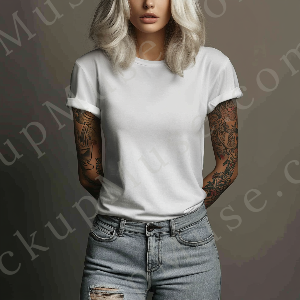 Square 1:1 women’s Gildan 5000 white snow short sleeve crewneck t-shirt mockup, blonde woman with tattoos, rolled-up sleeves, dark background, clean apparel presentation for clothing design previews, front view.