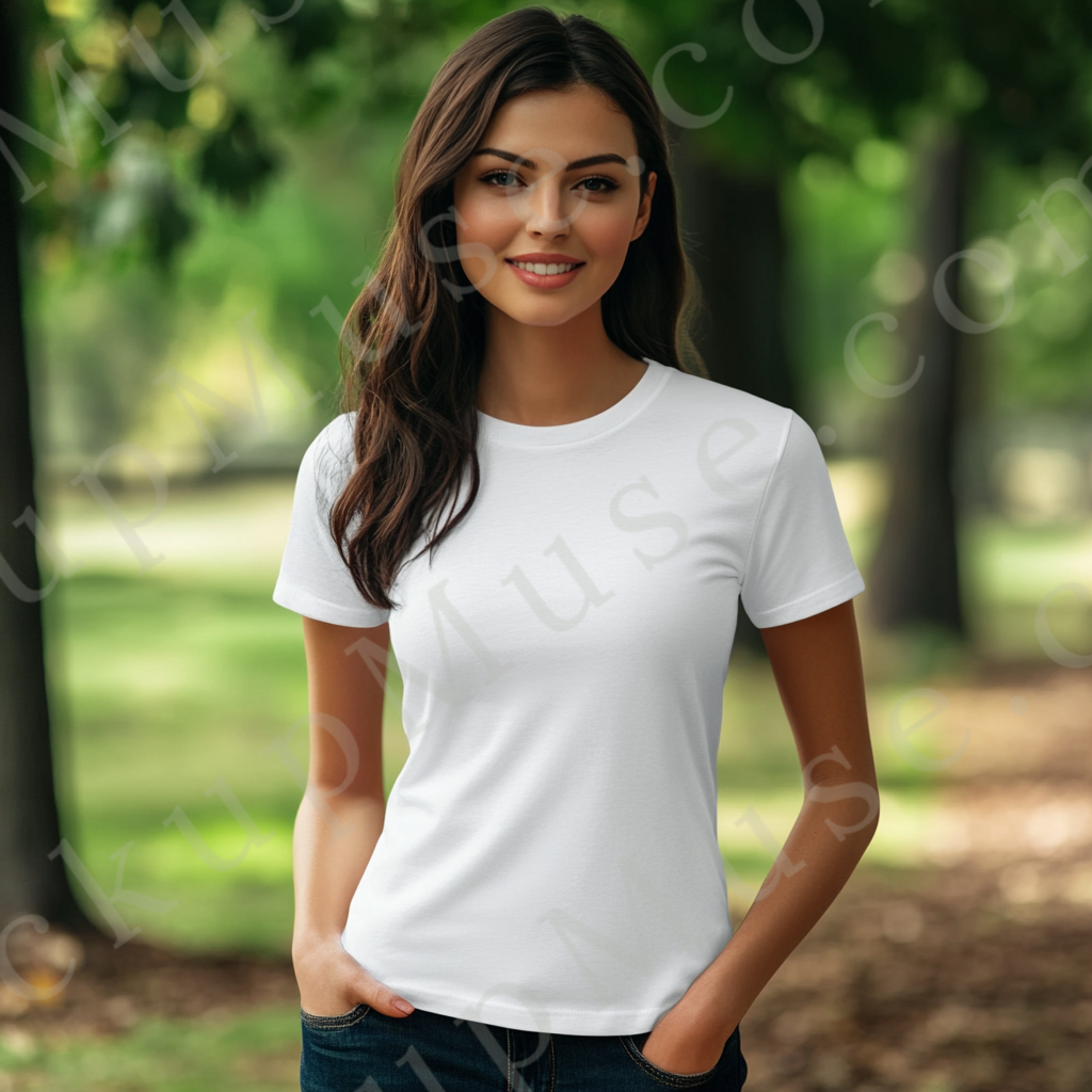 Square 1:1 women’s Gildan 5000 white snow short sleeve crewneck t-shirt mockup, smiling brunette woman, greenery background, casual stance, clean apparel presentation for clothing design previews, front view.