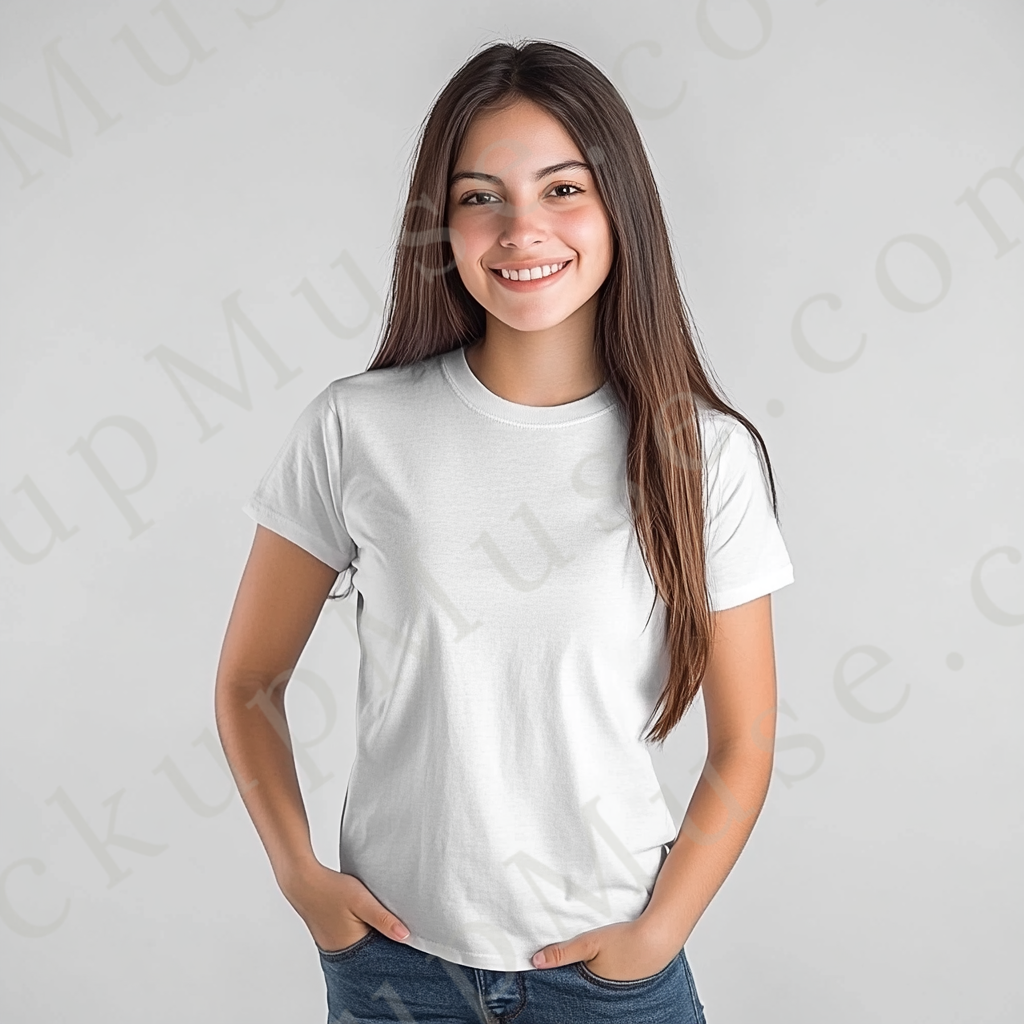 Square 1:1 women’s Gildan 5000 white snow short sleeve crewneck t-shirt mockup, brunette woman, neutral plain backdrop, relaxed pose, clean apparel presentation for clothing design previews, front view.