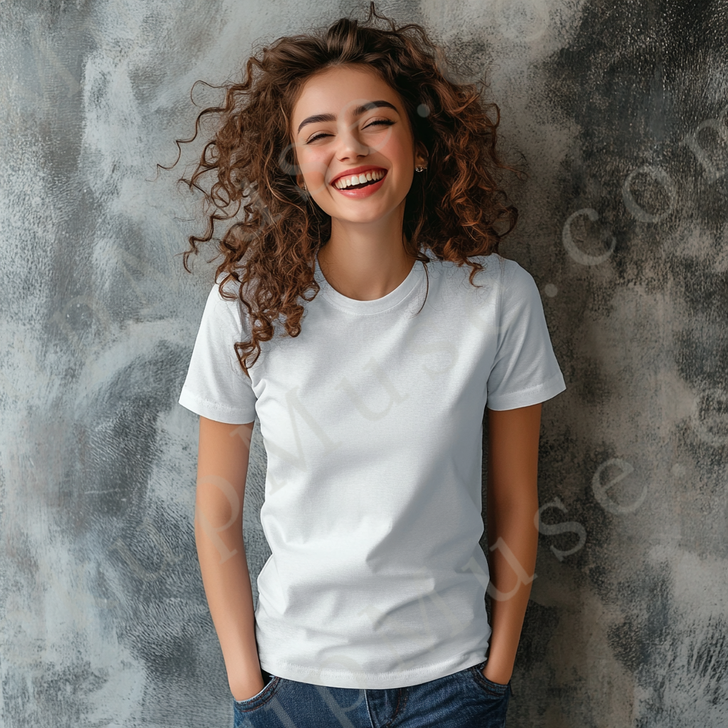 Square 1:1 women’s Gildan 5000 white snow short sleeve crewneck t-shirt mockup, brunette woman with curls, textured gray wall backdrop, clean apparel presentation for clothing design previews, front view.