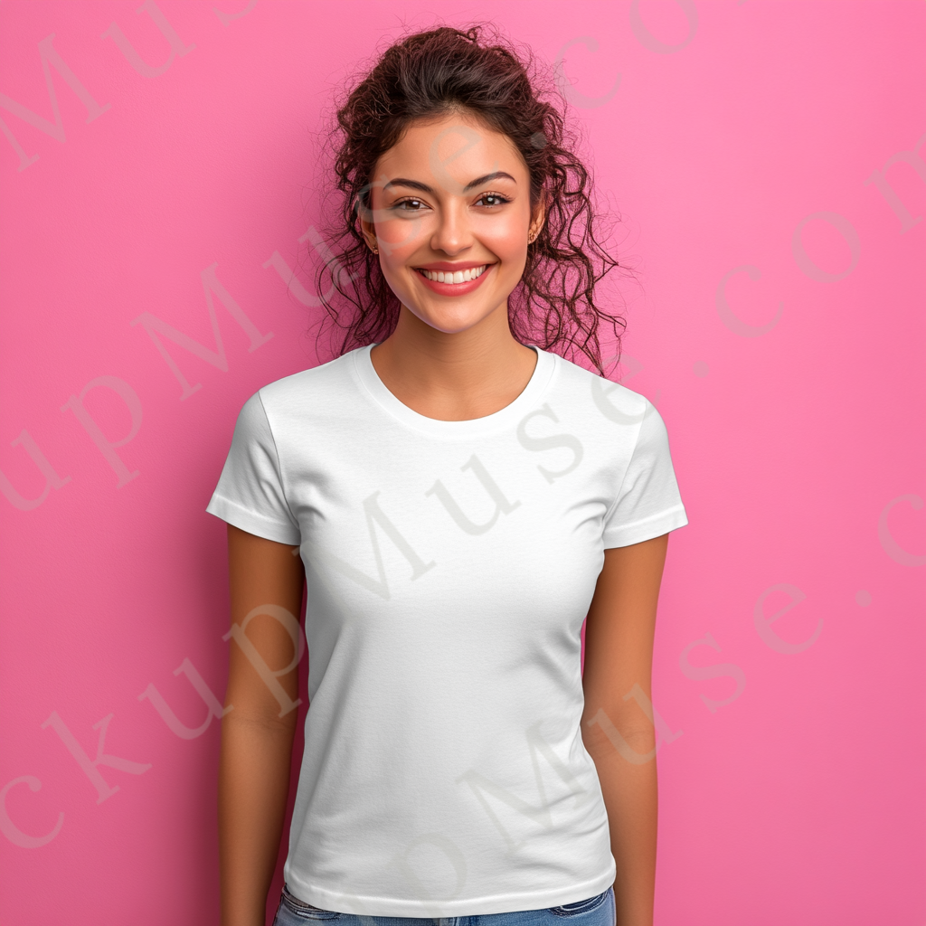 Square 1:1 women’s Gildan 5000 white snow short sleeve crewneck t-shirt mockup, brunette woman with curls, pink wall backdrop, clean apparel presentation for clothing design previews, front view.