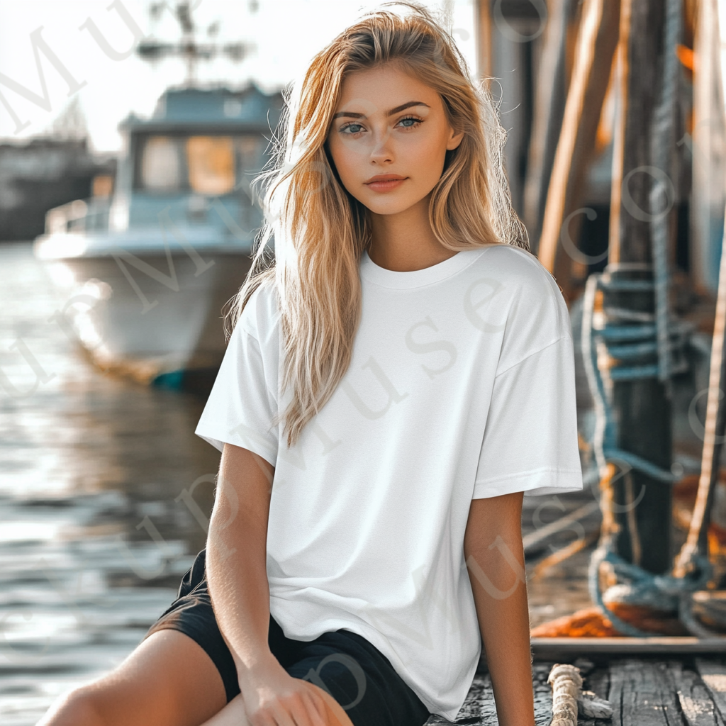 Square 1:1 women’s Gildan 5000 white snow short sleeve crewneck t-shirt mockup, blonde woman seated dockside, relaxed marina vibe with boats, clean apparel presentation for clothing design previews, front view.