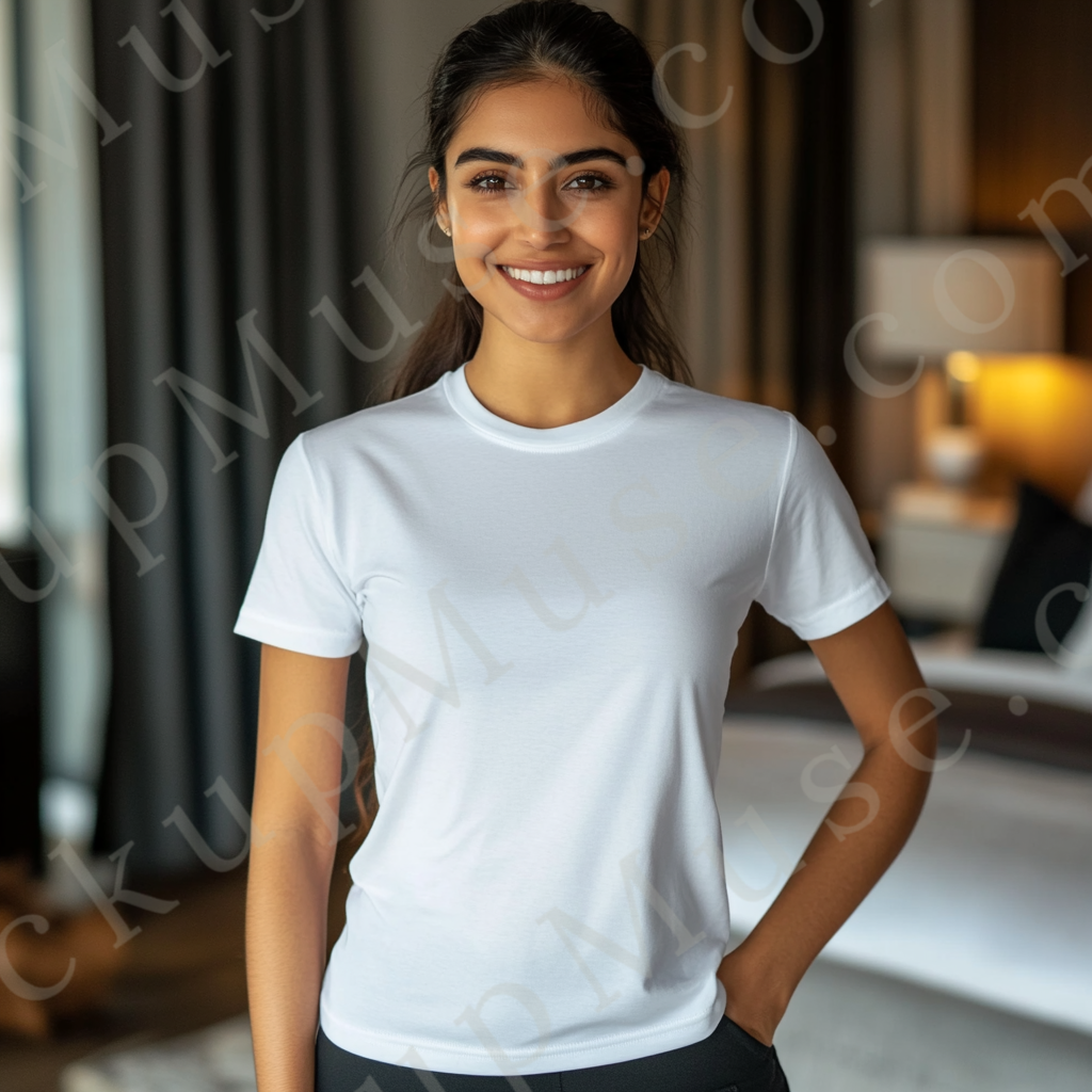 Square 1:1 women’s Gildan 5000 white snow short sleeve crewneck t-shirt mockup, brunette woman with ponytail, indoor neutral lifestyle, clean apparel presentation for clothing design previews, front view.