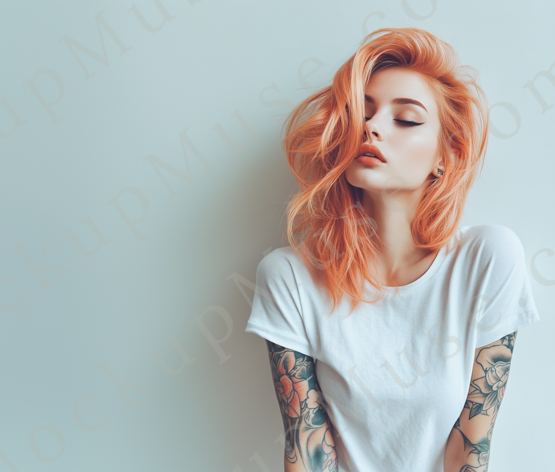 Horizontal 1.17:1 women’s Gildan 5000 white snow short sleeve crewneck t-shirt mockup, orange-haired woman with tattoos, neutral backdrop, clean apparel presentation for clothing design previews, front view.