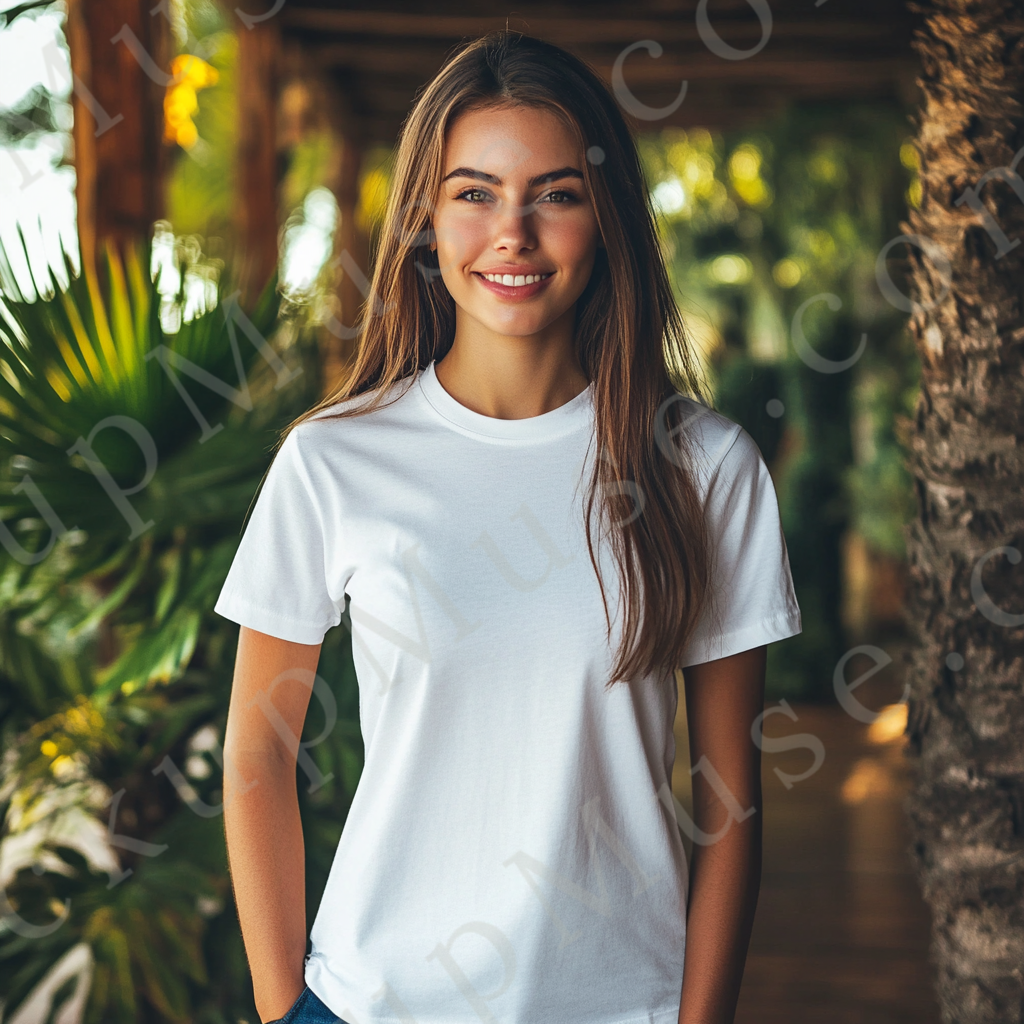 Square 1:1 women’s Gildan 5000 white snow short sleeve crewneck t-shirt mockup, smiling brunette woman, greenery outdoor background, clean apparel presentation for clothing design previews, front view.
