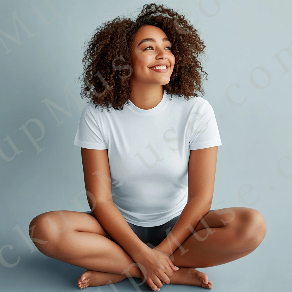 Square 1:1 women’s Gildan 5000 white snow short sleeve crewneck t-shirt mockup, woman with curly hair, seated cross-legged, plain backdrop, clean apparel presentation for clothing design previews, front view.