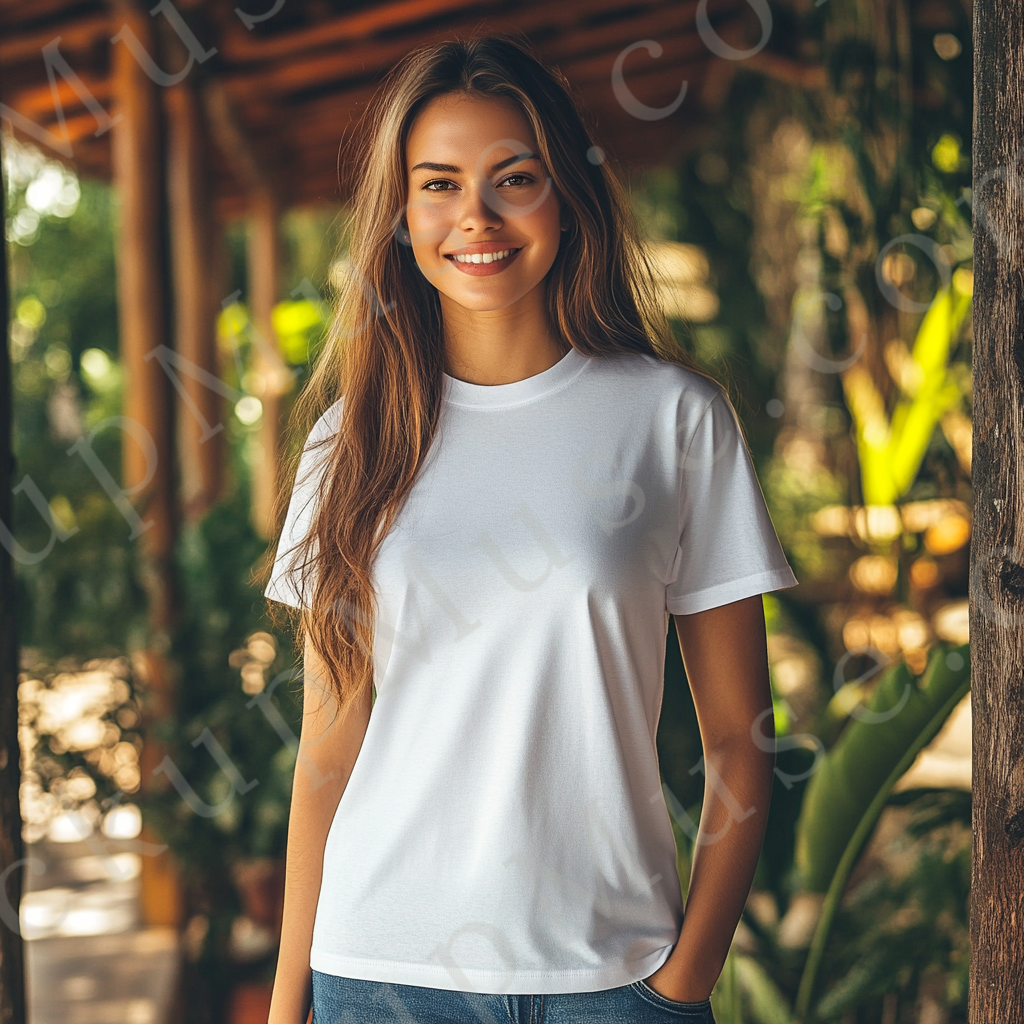 Square 1:1 women’s Gildan 5000 white snow short sleeve crewneck t-shirt mockup, smiling brunette woman, wood and greenery background, clean apparel presentation for clothing design previews, front view.