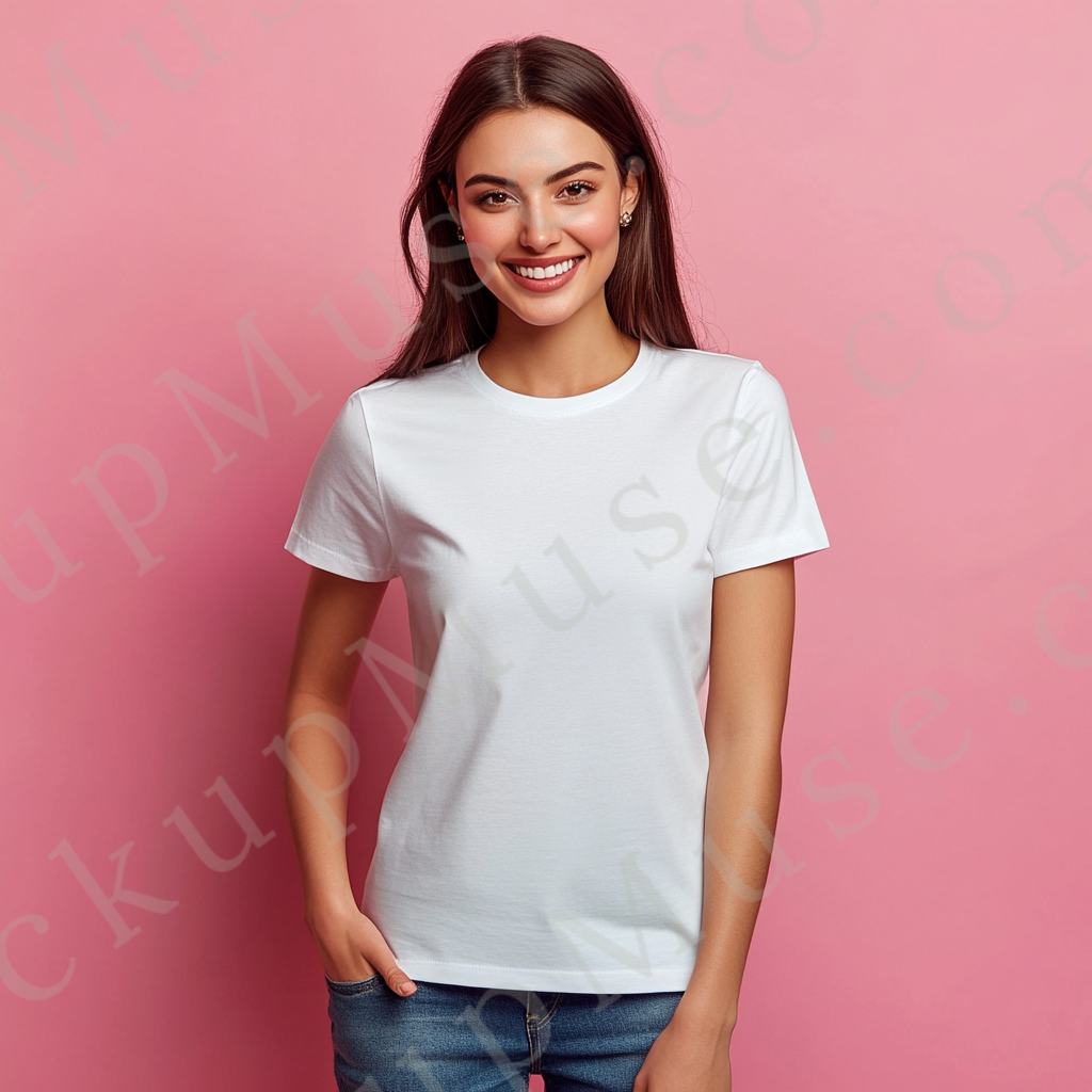 Square 1:1 women’s Gildan 5000 white snow short sleeve crewneck t-shirt mockup, brunette woman, pink wall backdrop, hands in pockets, clean apparel presentation for clothing design previews, front view.
