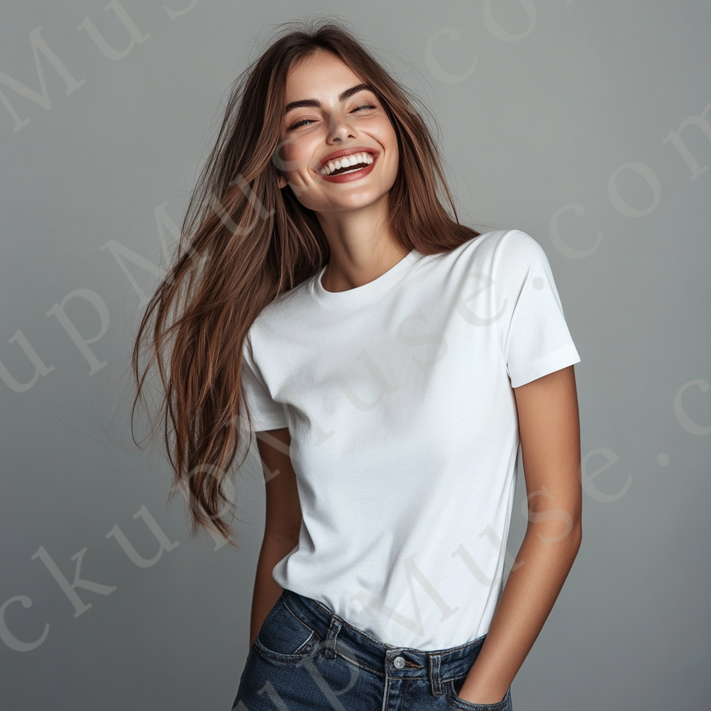 Square 1:1 women’s Gildan 5000 white snow short sleeve crewneck t-shirt mockup, brunette woman laughing with long hair, neutral gray wall, clean apparel presentation for clothing design previews, front view.