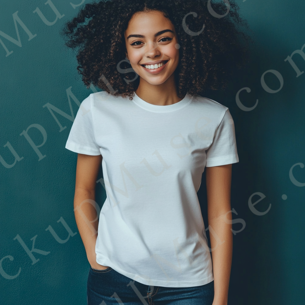 Square 1:1 women’s Gildan 5000 white snow short sleeve crewneck t-shirt mockup, woman with curly hair, teal wall backdrop, confident pose, clean apparel presentation for clothing design previews, front view.