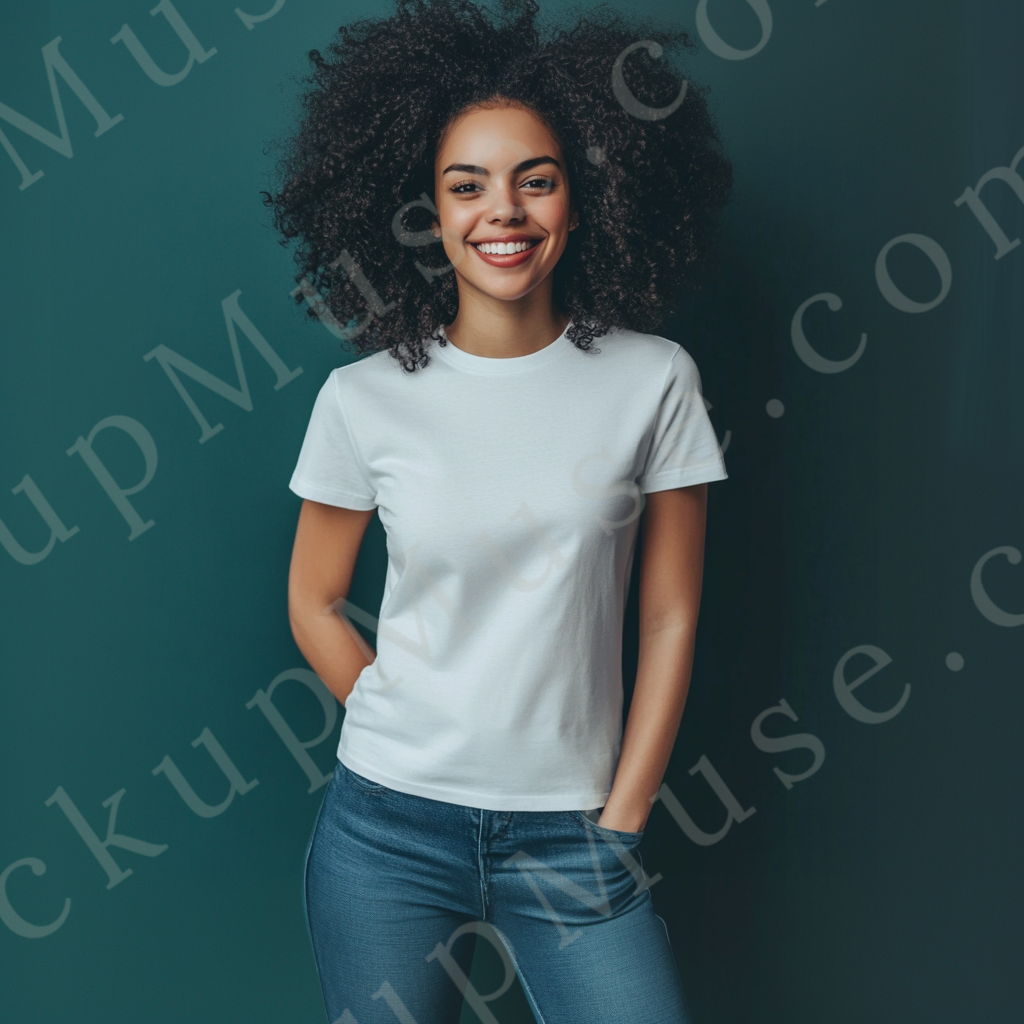 Square 1:1 women’s Gildan 5000 white snow short sleeve crewneck t-shirt mockup, woman with curly hair, teal wall backdrop, casual stance, clean apparel presentation for clothing design previews, front view.