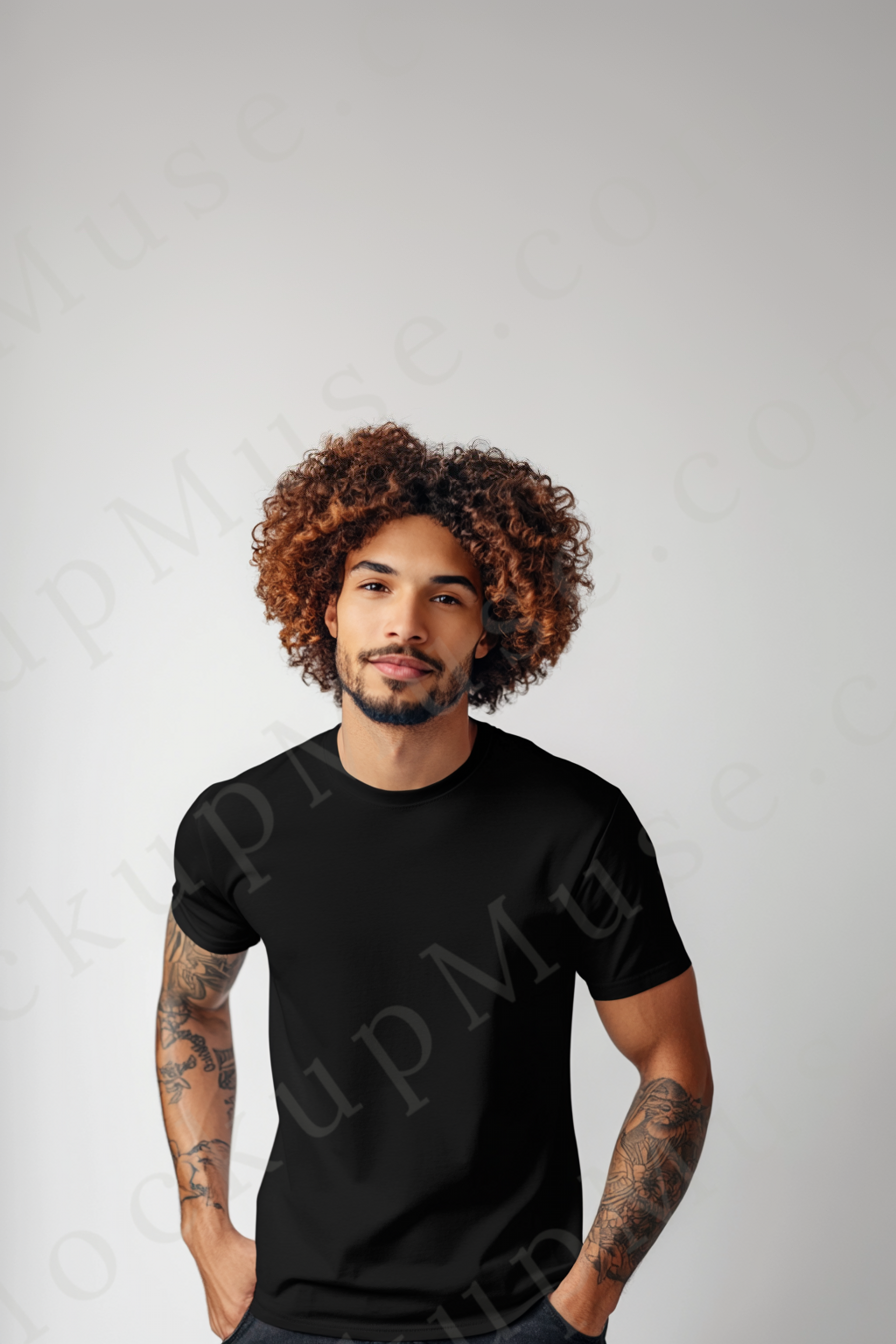 Men’s black Gildan 5000 crewneck t-shirt mockup — neutral gray studio, curly hair, front view