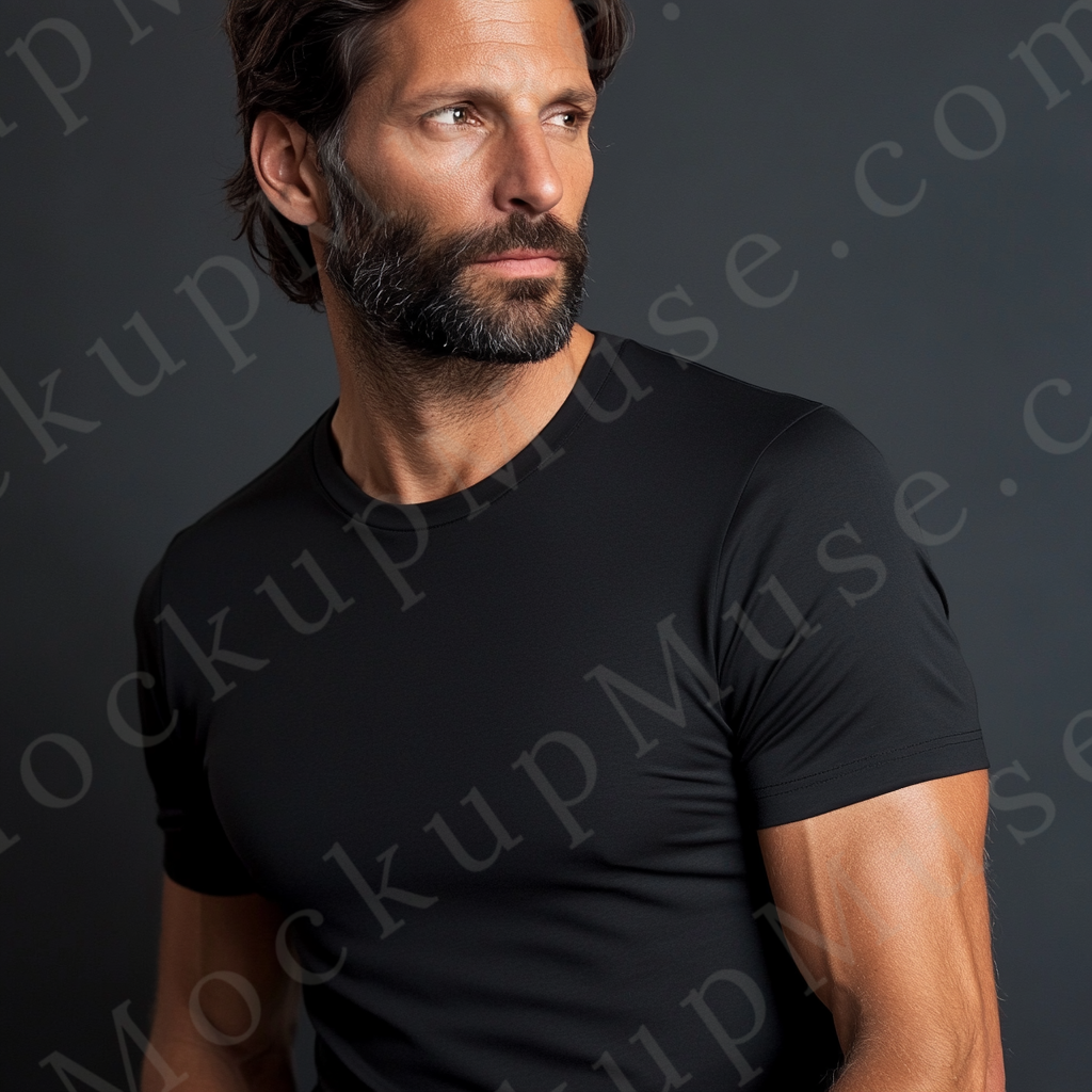 Men’s black Gildan 5000 crewneck t-shirt mockup — studio editorial, bearded profile portrait, front view