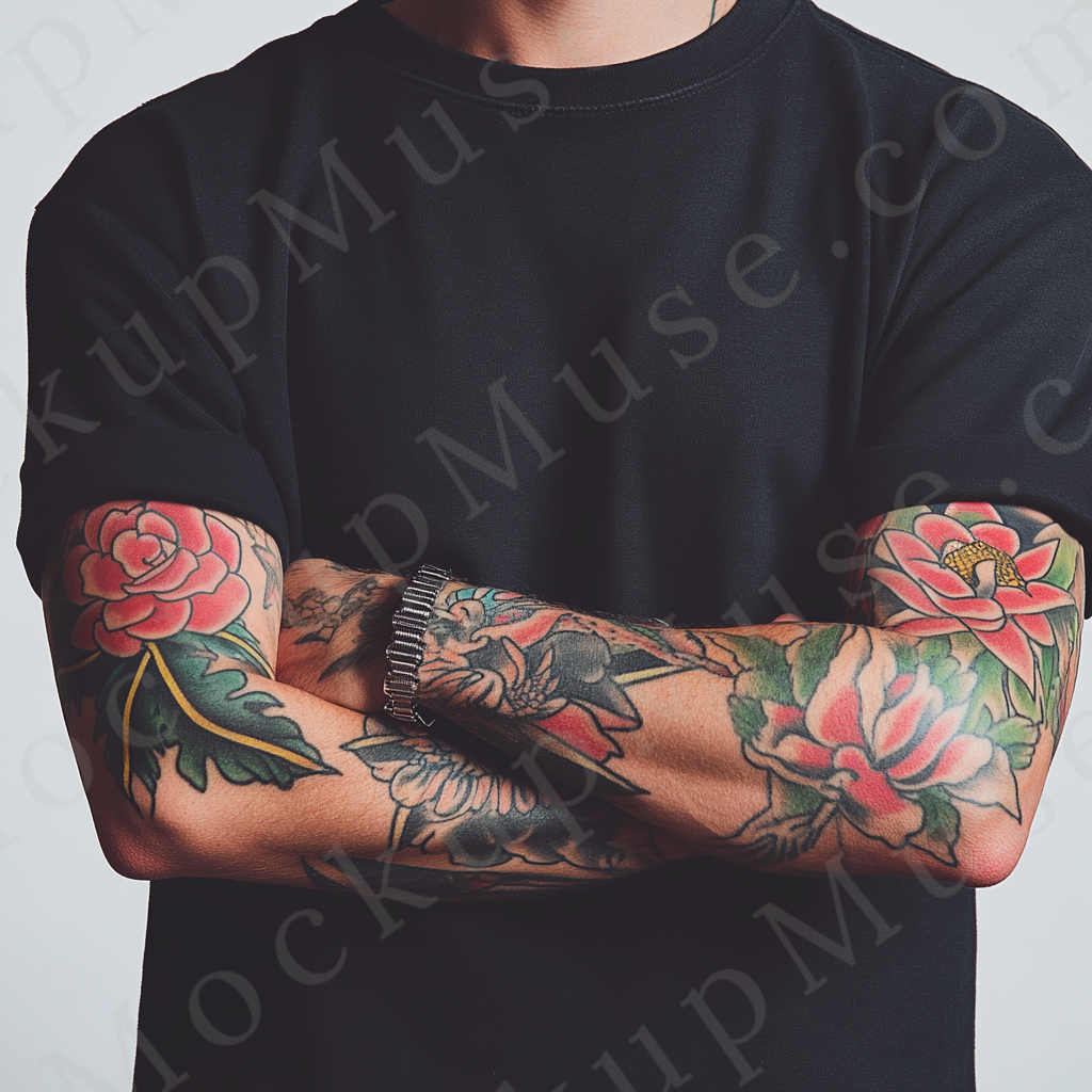 Men’s black Gildan 5000 crewneck t-shirt mockup — tattoo model close-up, cropped arms, front view