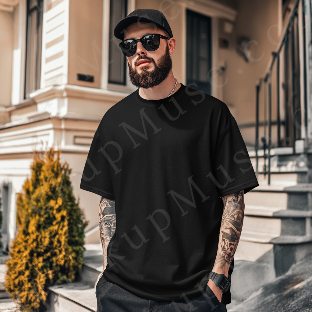 Men’s black Gildan 5000 crewneck t-shirt mockup — urban lifestyle, sunglasses, building backdrop, front view
