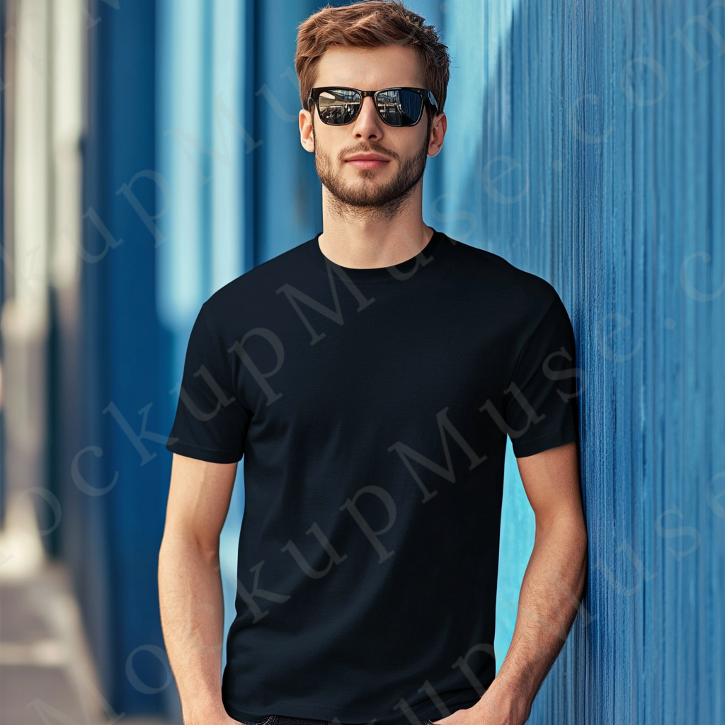 Men’s black Gildan 5000 crewneck t-shirt mockup — editorial, bold blue wall, sunglasses, front view