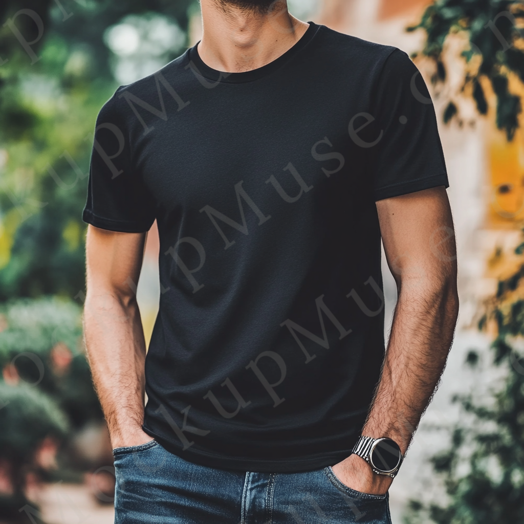 Men’s black Gildan 5000 crewneck t-shirt mockup — outdoor lifestyle, greenery/park, front view
