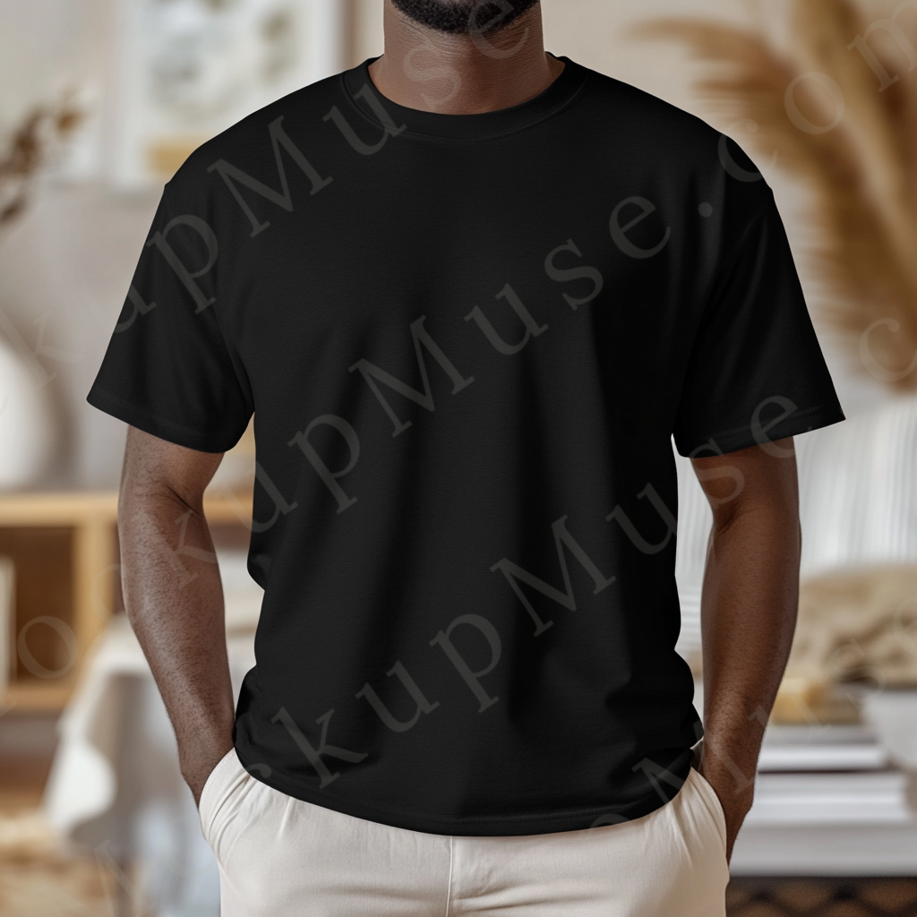 Men’s black Gildan 5000 crewneck t-shirt mockup — indoor lifestyle, modern home vibe, front view