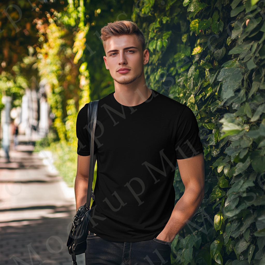 Men’s black Gildan 5000 crewneck t-shirt mockup — outdoor hedge, natural light portrait, front view