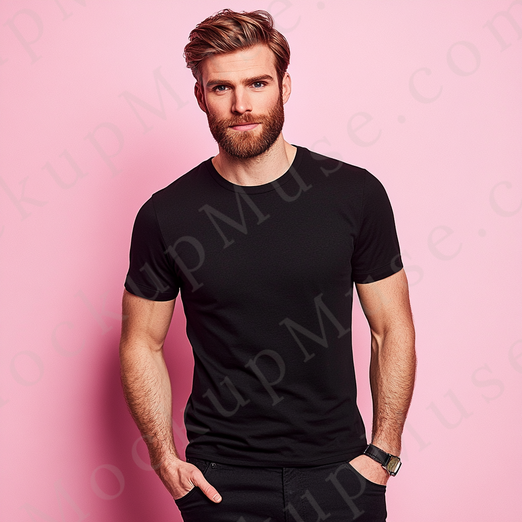 Men’s black Gildan 5000 crewneck t-shirt mockup — editorial fashion, pink wall backdrop, front view