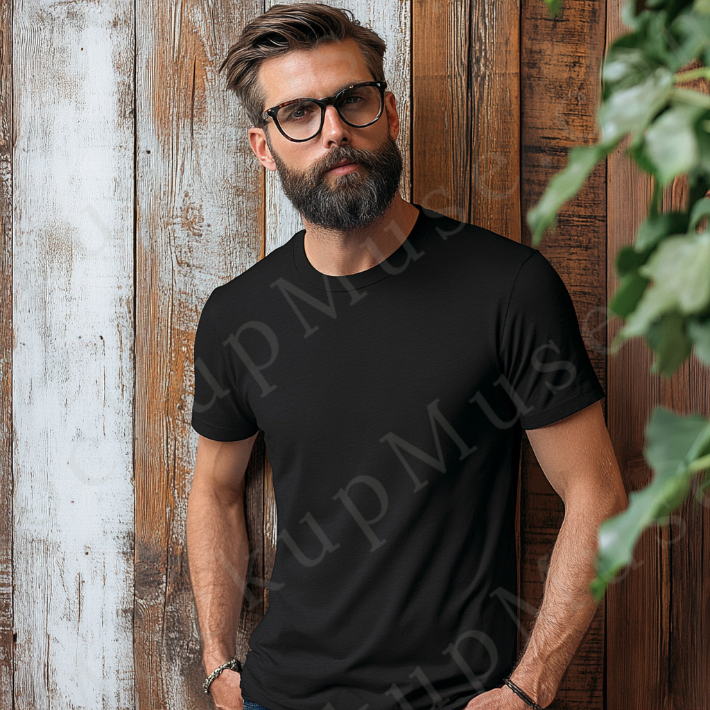 Men’s black Gildan 5000 crewneck t-shirt mockup — editorial rustic wood wall, front view