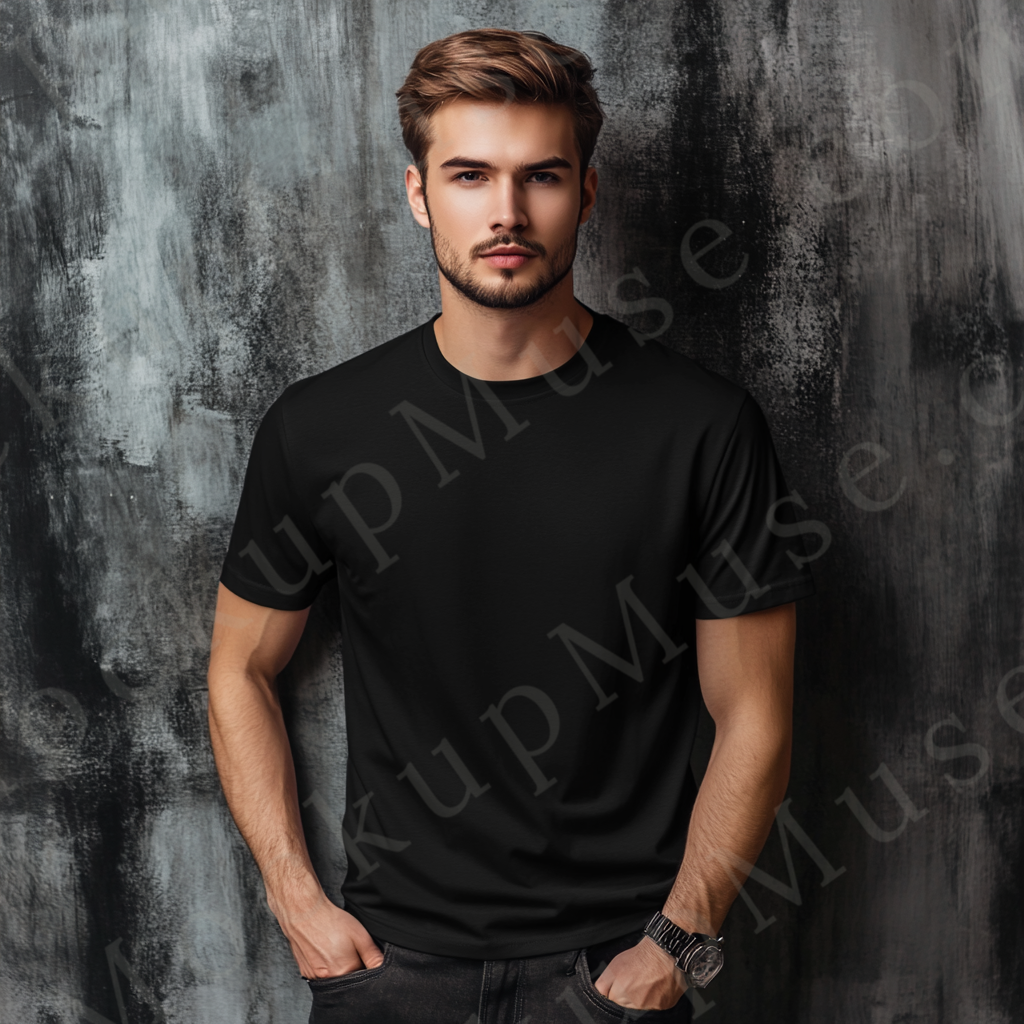 Men’s black Gildan 5000 crewneck t-shirt mockup — studio editorial, gray textured wall, front view