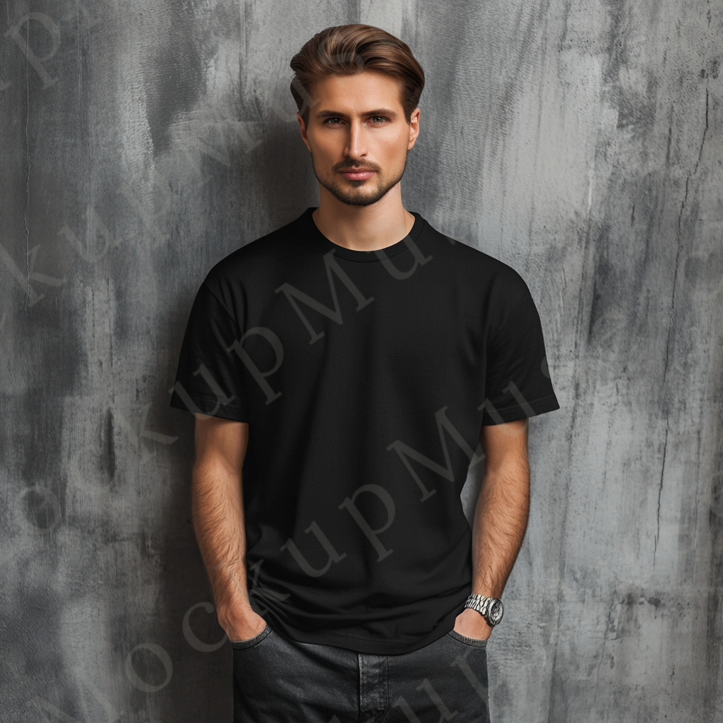 Men’s black Gildan 5000 crewneck t-shirt mockup — studio clean backdrop, casual pose, front view