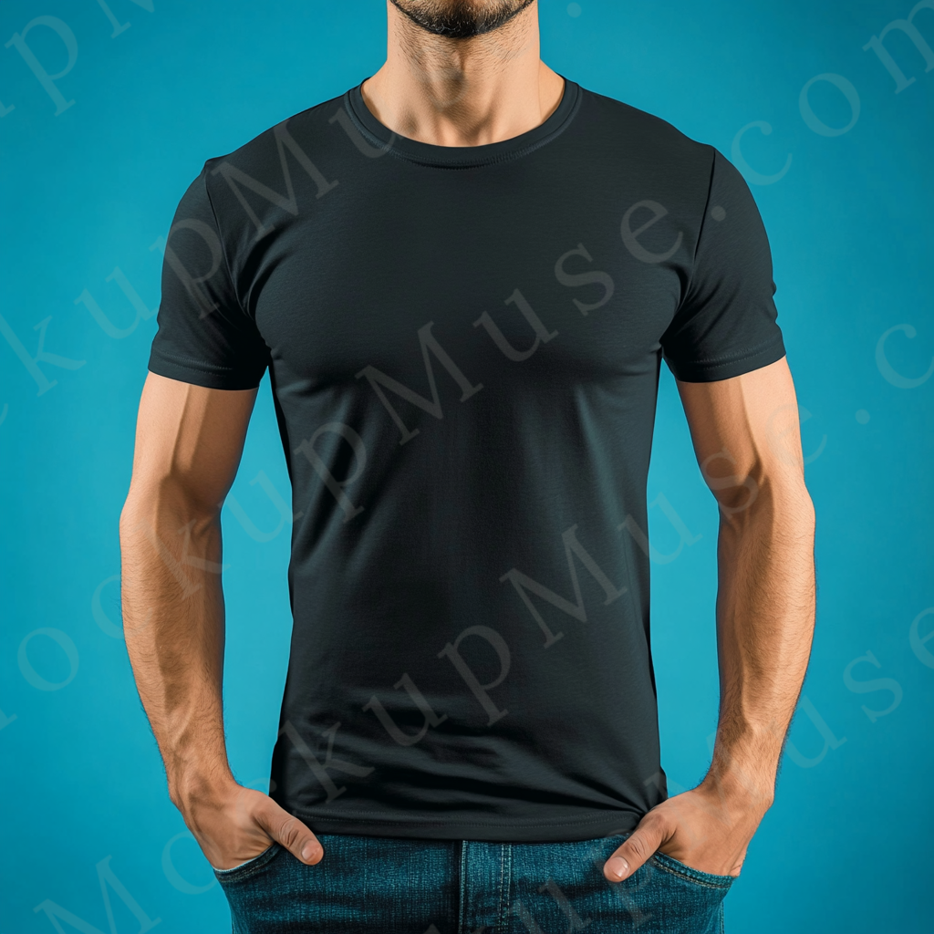 Men’s black Gildan 5000 crewneck t-shirt mockup — studio bold teal background, cropped torso, front view