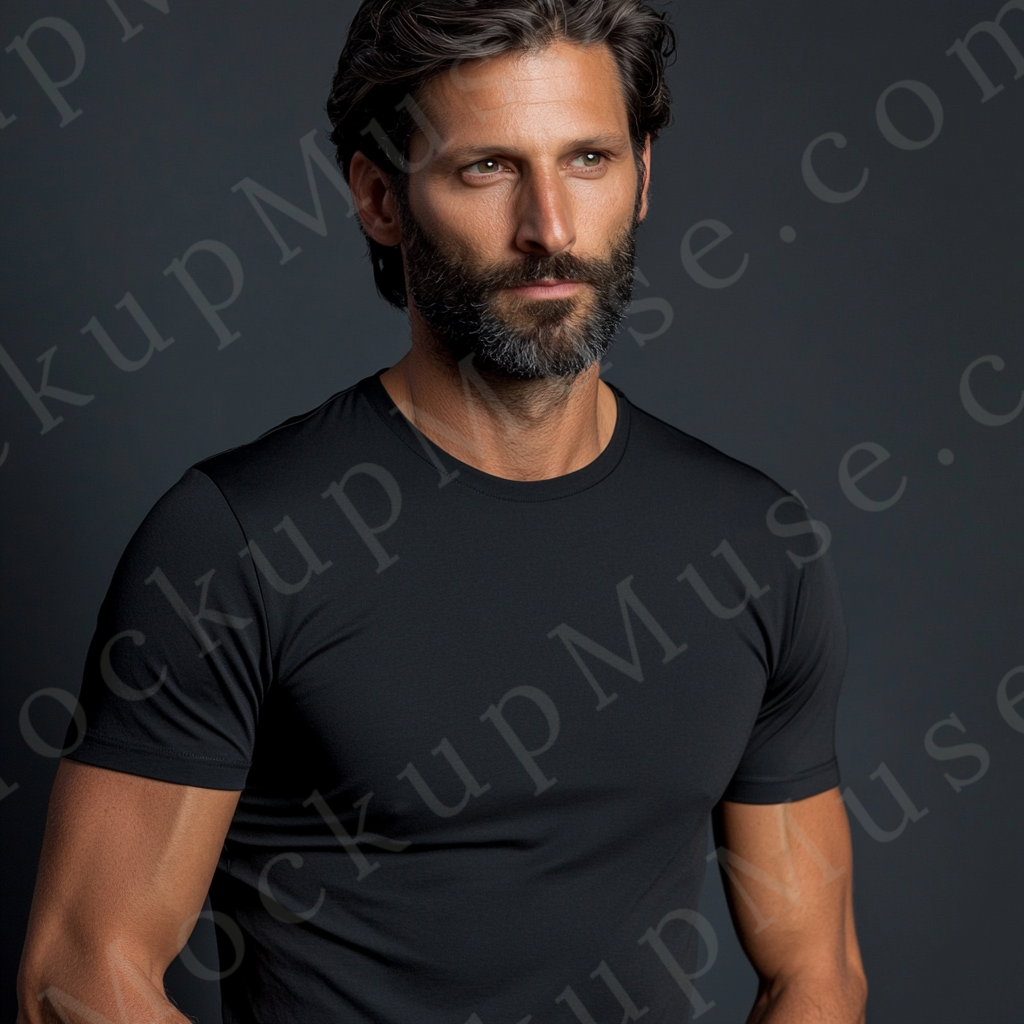 Men’s black Gildan 5000 crewneck t-shirt mockup — studio portrait, bearded model, front view