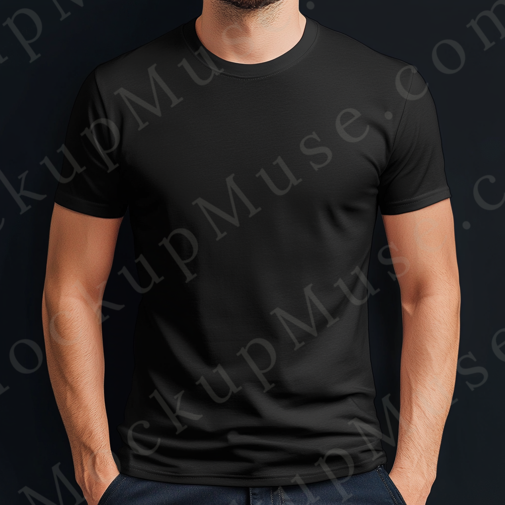 Men’s black Gildan 5000 crewneck t-shirt mockup — studio torso close-up, arms folded, front view