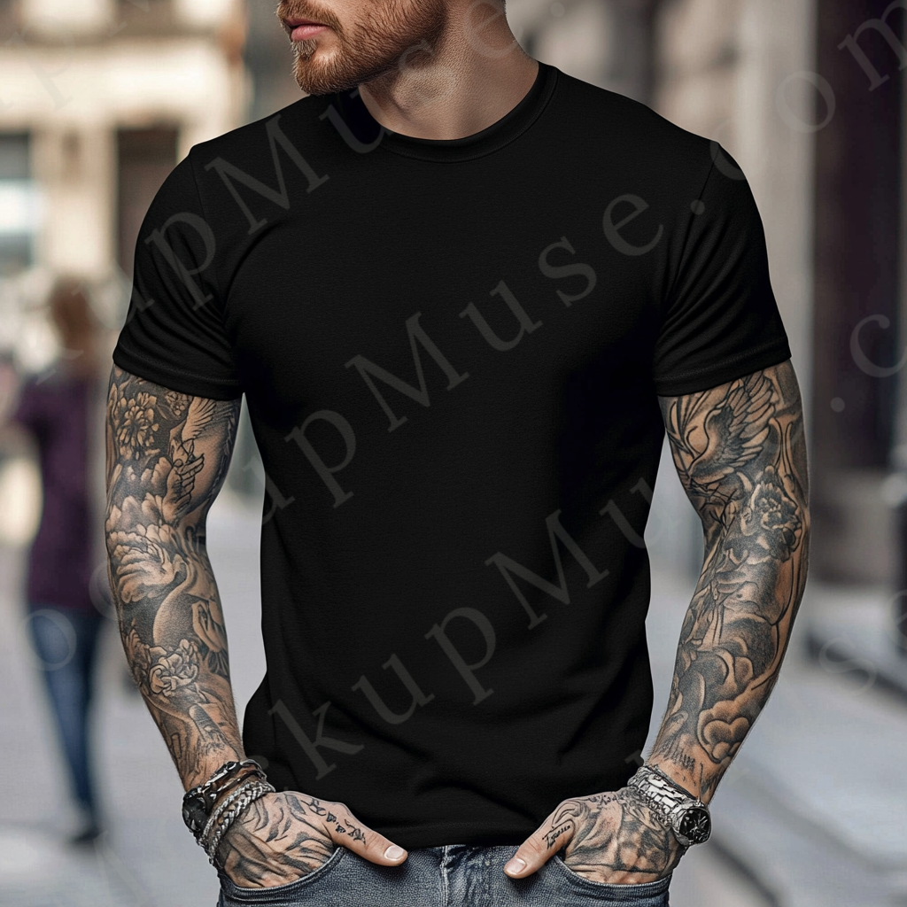 Men’s black Gildan 5000 crewneck t-shirt mockup — tattoo lifestyle, streetwear attitude, front view