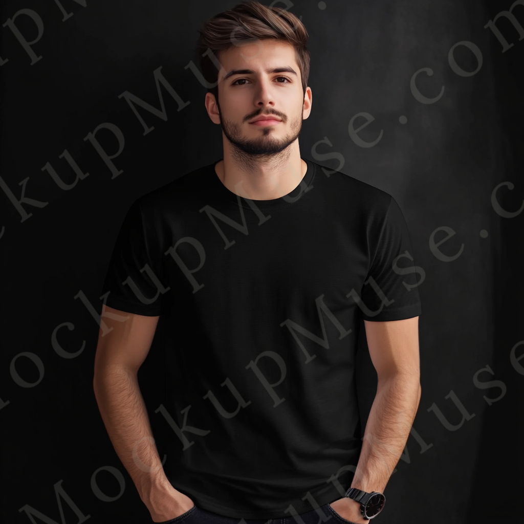 Men’s black Gildan 5000 crewneck t-shirt mockup — studio portrait, serious look, front view
