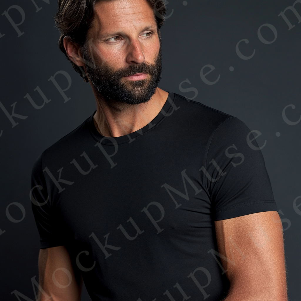 Men’s black Gildan 5000 crewneck t-shirt mockup — studio fashion portrait, dark gray wall, front view