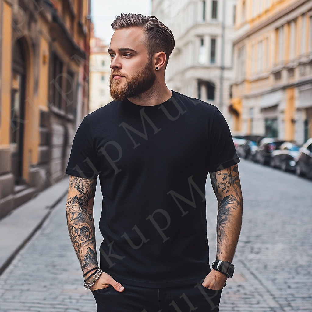 Men’s black Gildan 5000 crewneck t-shirt mockup — urban lifestyle, european street, tattoos, front view