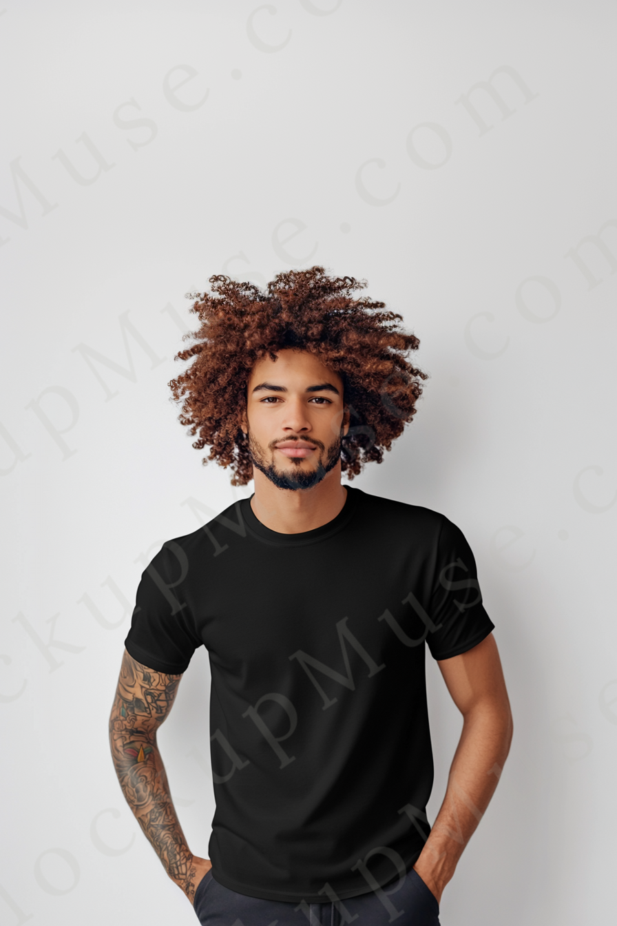 Men’s black Gildan 5000 crewneck t-shirt mockup — minimalist studio, natural portrait, front view