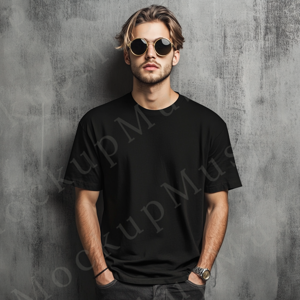 Men’s black Gildan 5000 crewneck t-shirt mockup — lifestyle street style, sunglasses, front view