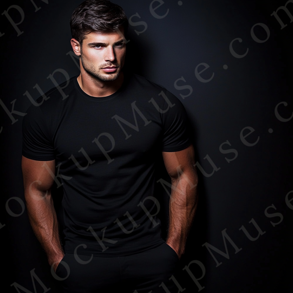 Men’s black Gildan 5000 crewneck t-shirt mockup — fitness-inspired studio, dramatic light, front view
