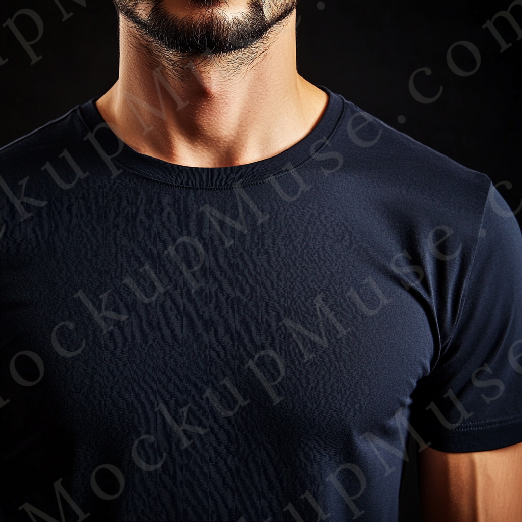 Men’s black Gildan 5000 crewneck t-shirt mockup — studio neckline close-up, detail focus, front view