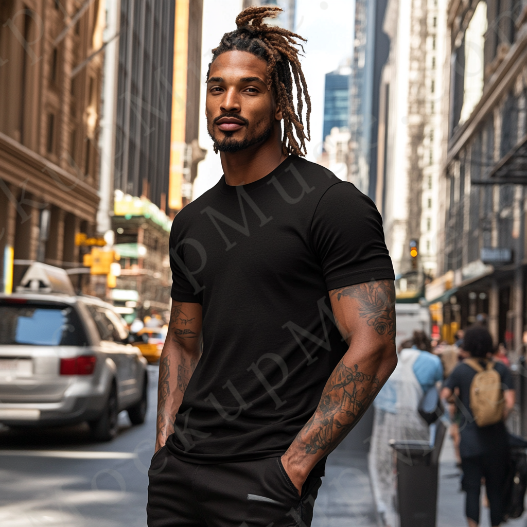 Men’s black Gildan 5000 crewneck t-shirt mockup — streetwear downtown scene, modern city, front view