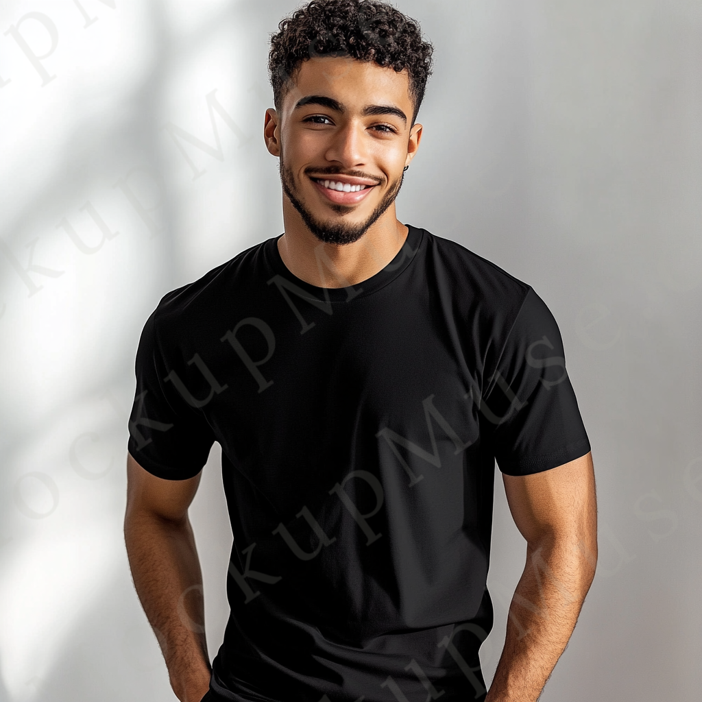 Men’s black Gildan 5000 crewneck t-shirt mockup — clean studio, casual friendly look, front view