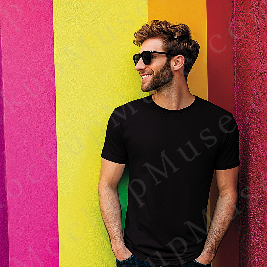 Men’s black Gildan 5000 crewneck t-shirt mockup — bold editorial, neon pink/yellow wall, sunglasses, front view