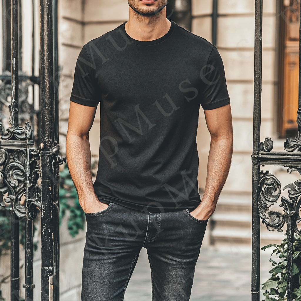 Men’s black Gildan 5000 crewneck t-shirt mockup — city lifestyle, modern glass and railing, front view
