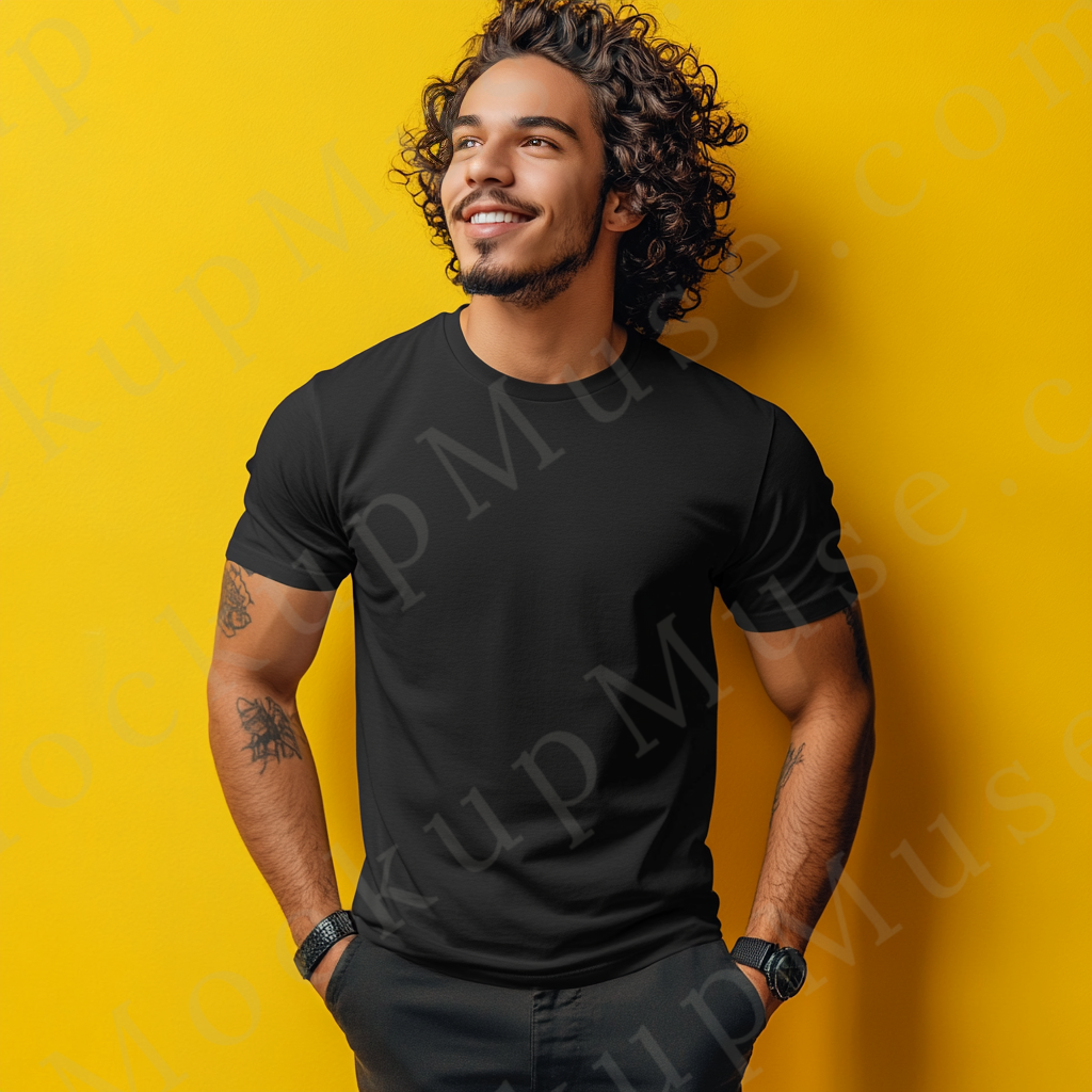 Men’s black Gildan 5000 crewneck t-shirt mockup — editorial street, bright yellow wall, curly hair, front view