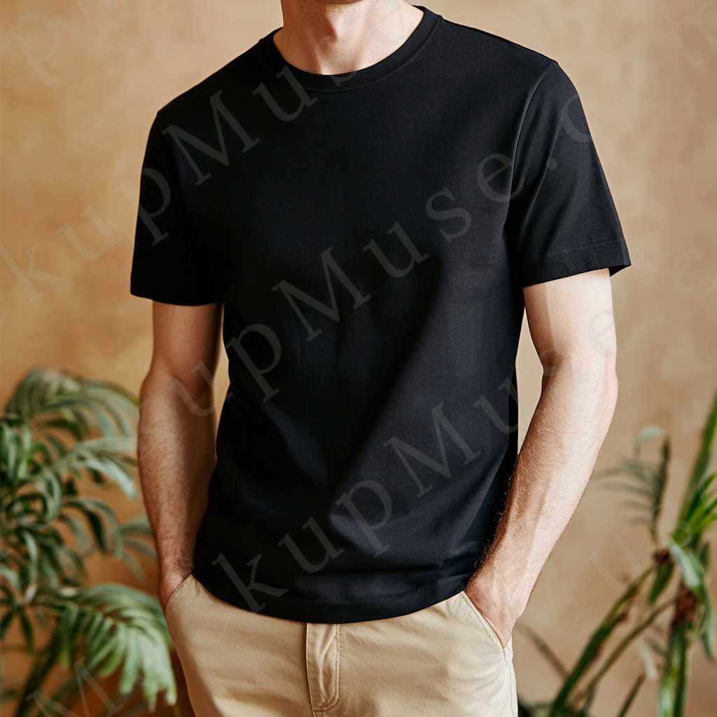 Men’s black Gildan 5000 crewneck t-shirt mockup — indoor lifestyle, plant background, cropped torso, front view