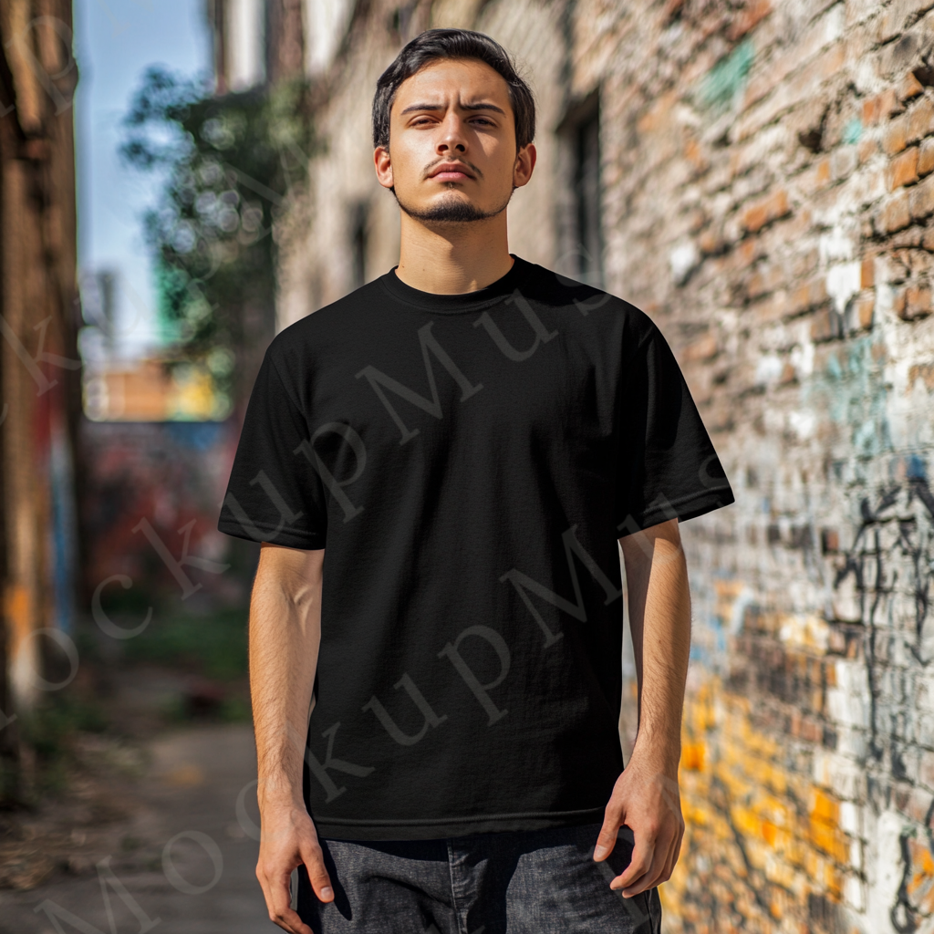 Men’s black Gildan 5000 crewneck t-shirt mockup — streetwear lifestyle, outdoor brick wall, front view