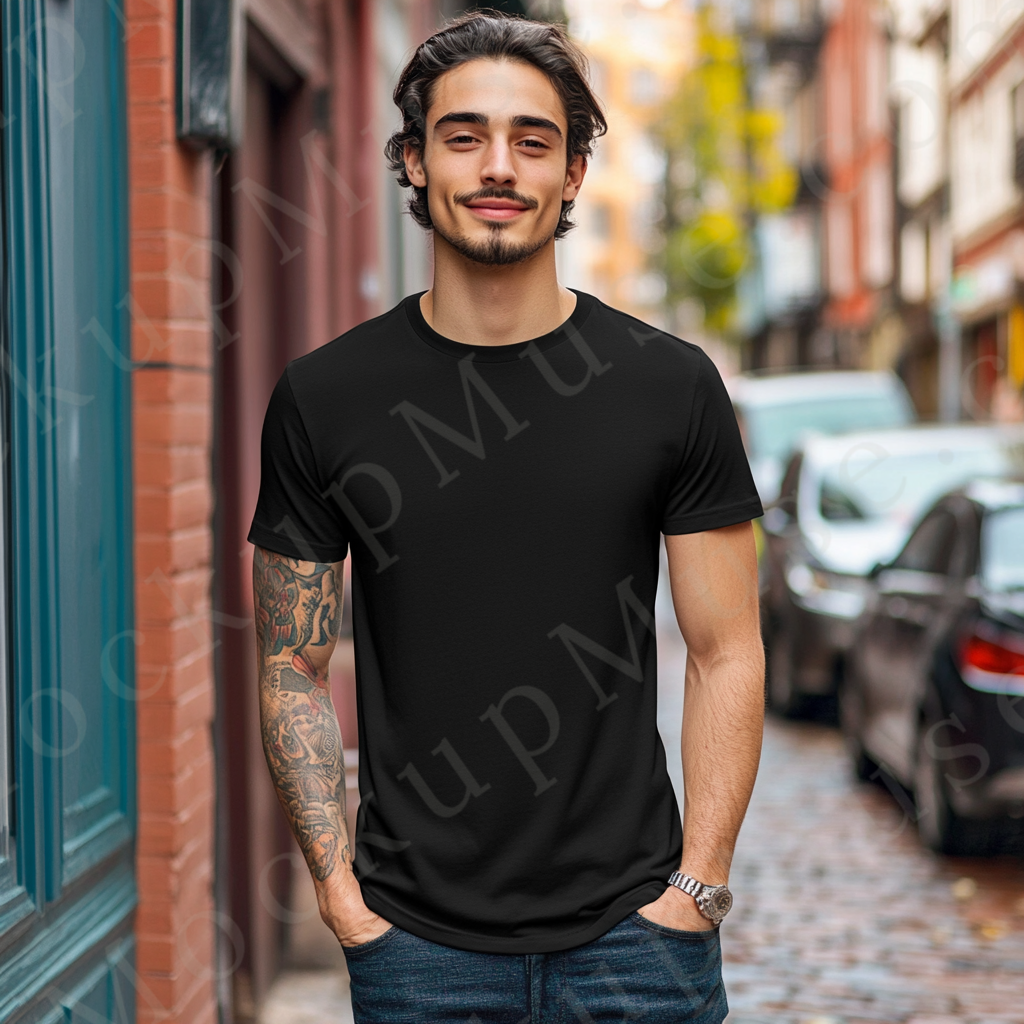 Men’s black Gildan 5000 crewneck t-shirt mockup — urban street, relaxed alley scene, front view