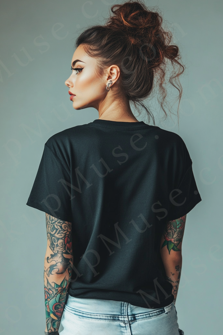 Vertical 2:3 women’s black onyx Gildan 5000 t‑shirt mockup, back view on light gray studio with tattooed arms visible; clean apparel template for online stores.