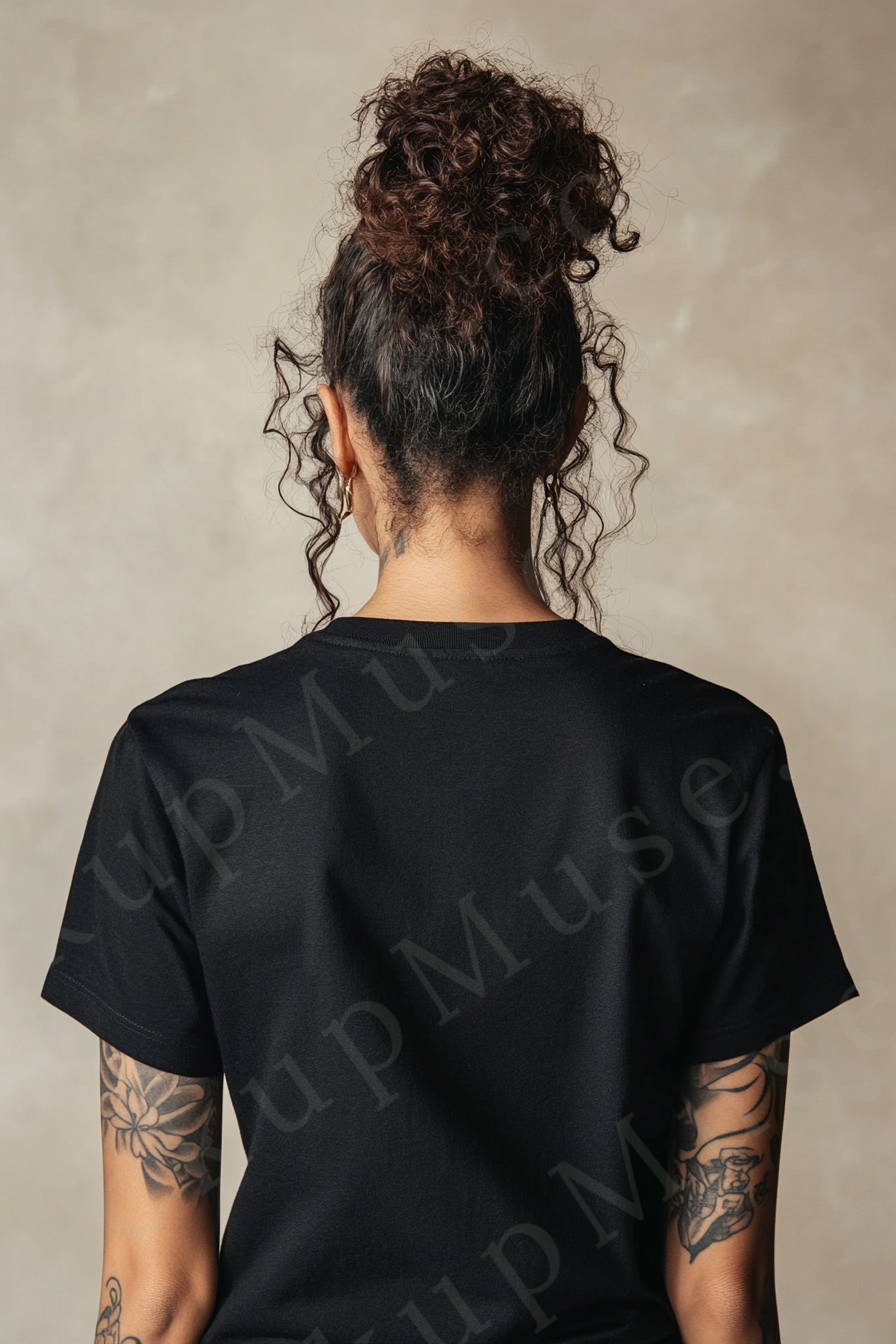 Vertical 2:3 women’s black onyx Gildan 5000 t‑shirt mockup, back view on neutral studio with tattooed arms visible; clean apparel template for online stores.
