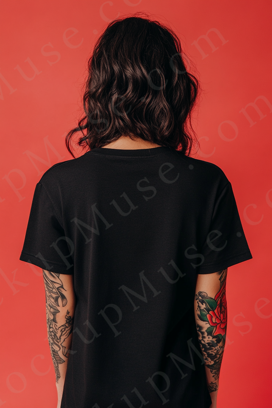 Vertical 2:3 women’s black onyx Gildan 5000 t‑shirt mockup, back view on red studio with tattooed arms visible; clean apparel template for online stores.