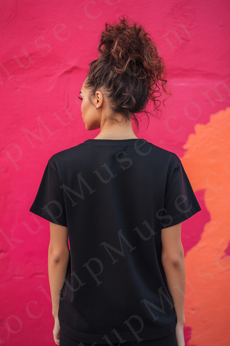 Vertical 2:3 women’s black onyx Gildan 5000 t‑shirt mockup, back view on pink–orange color‑block studio; clean apparel template for online stores.